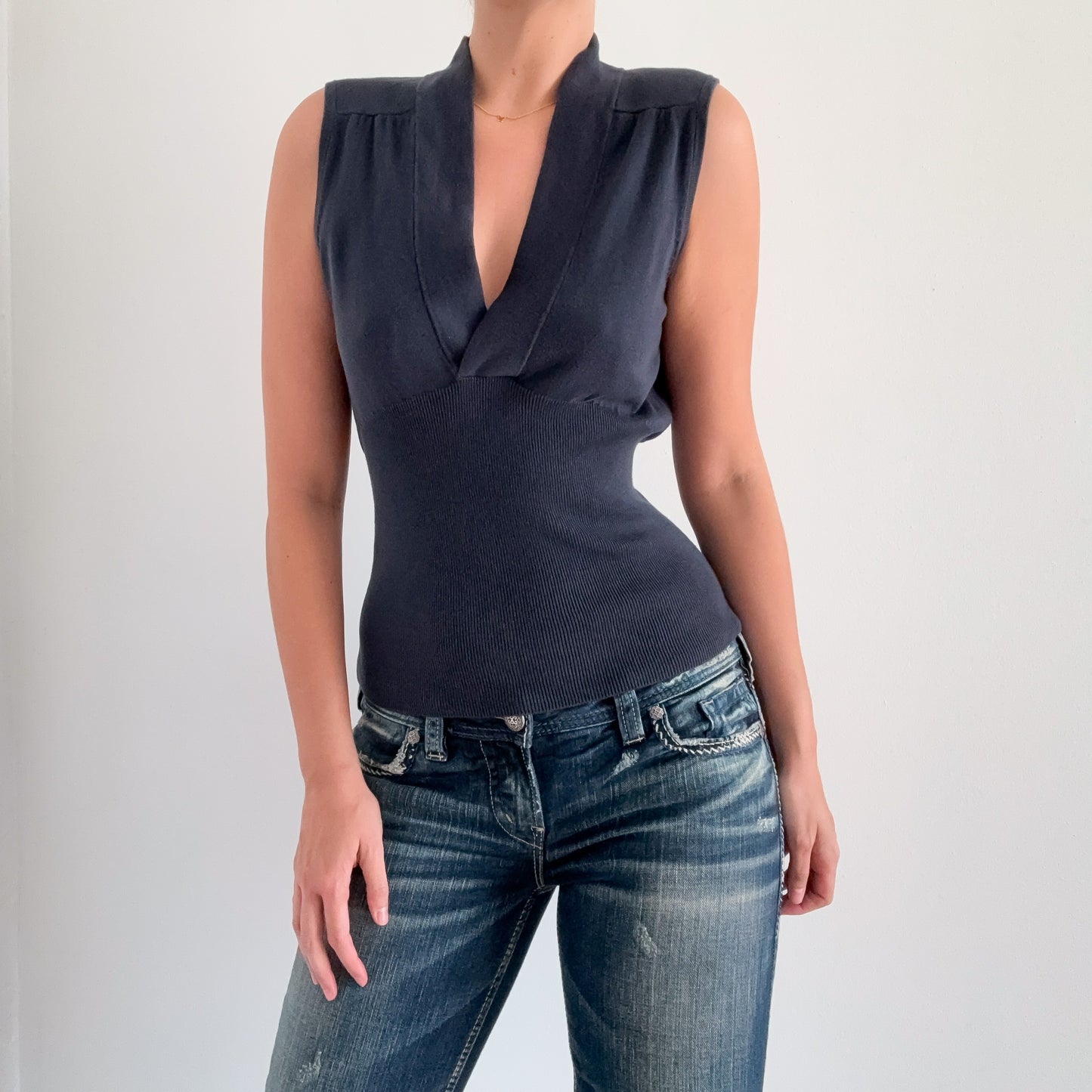 Y2K Aegean Blue Knit V-Neck Top / SZ S-M