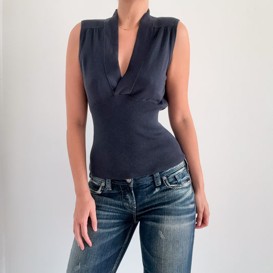 Y2K Aegean Blue Knit V-Neck Top / SZ S-M