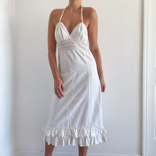 Y2K White Cotton Halter Sundress / SZ M/L