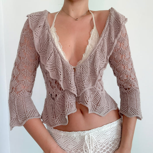 Y2K Taupe Metallic Knit Ruffle Cardigan / SZ XS-S