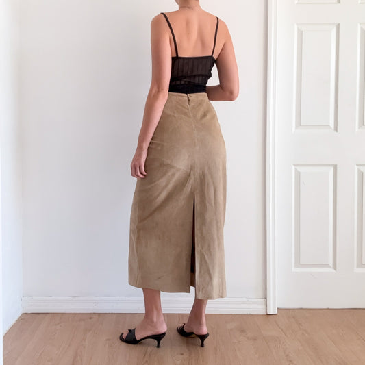 90's Tan Suede Maxi Skirt / SZ 8