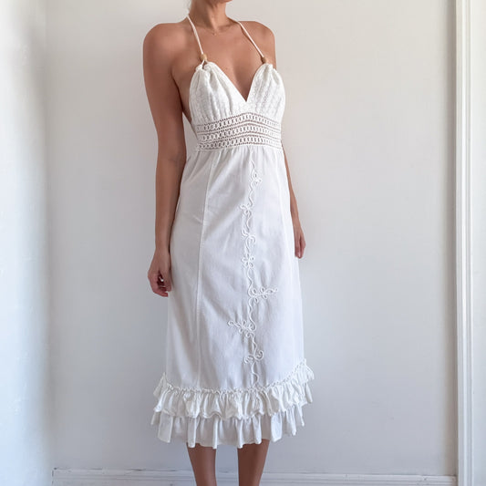 Y2K White Cotton Halter Sundress / SZ M/L