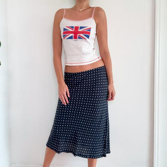 Contemporary Navy Polka Dot Rayon Midi Skirt / SZ L/XL