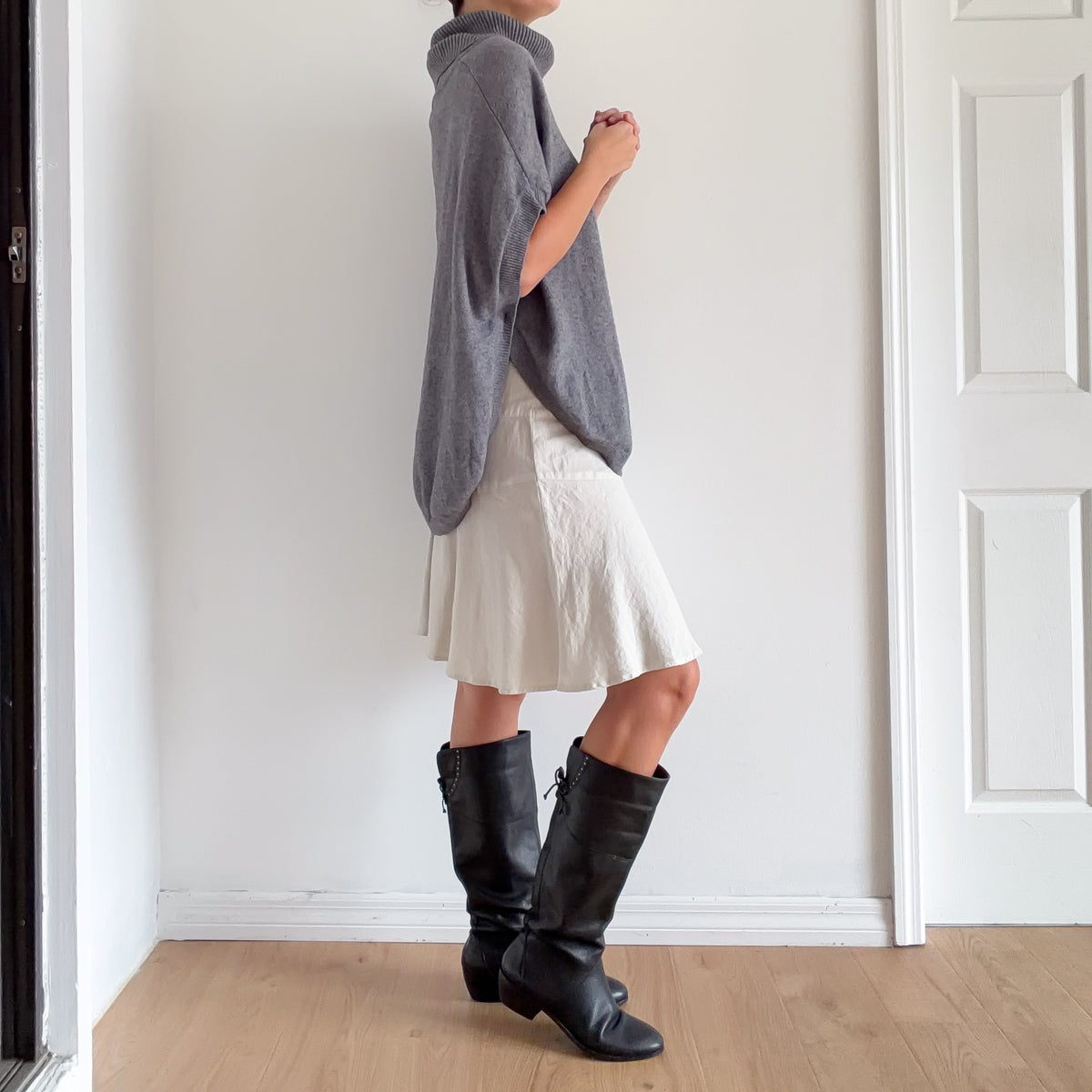 Y2K Grey Knit Turtleneck Poncho Top / One Size