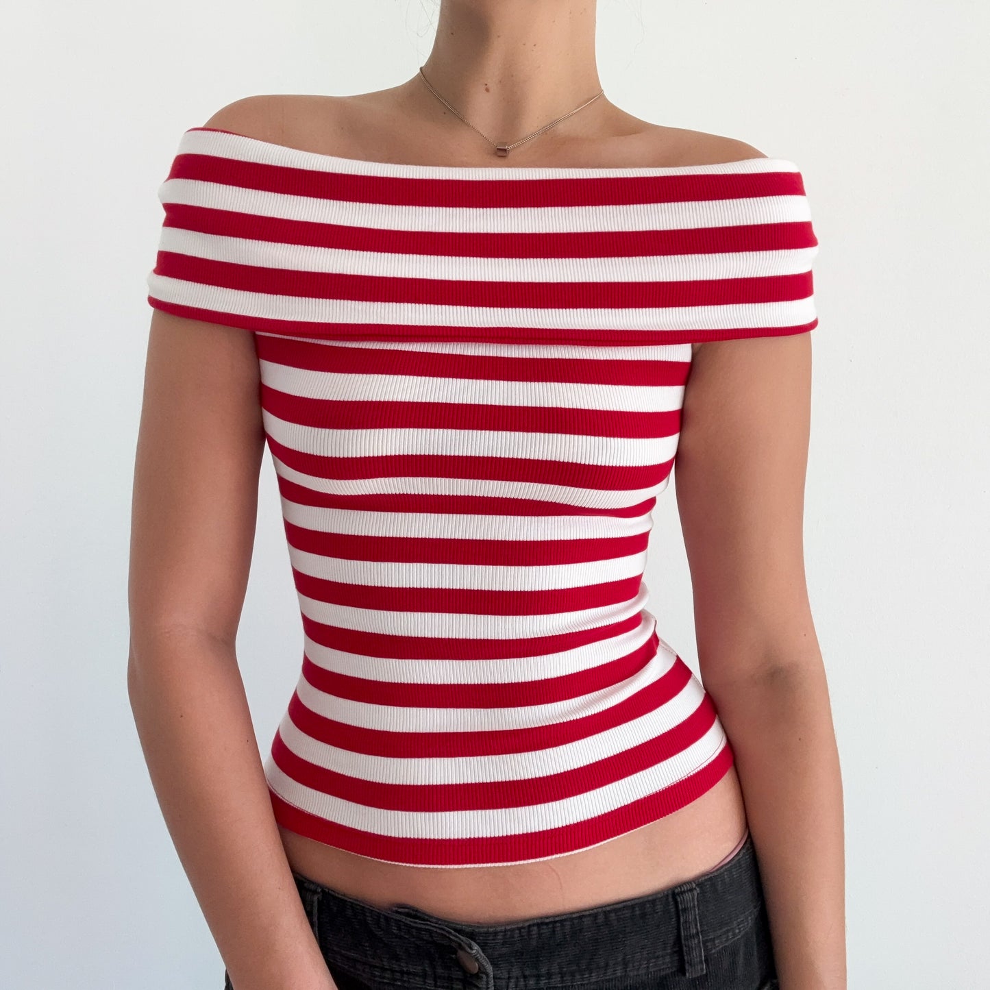 Y2K Red & White Striped Off the Shoulder Top / SZ XS-S