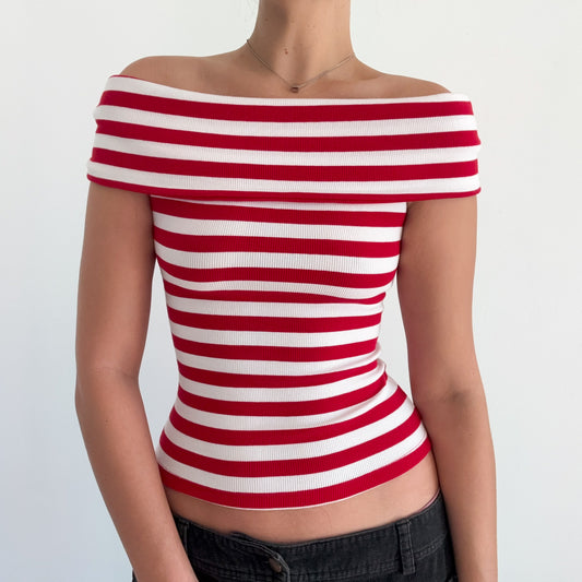 Y2K Red & White Striped Off the Shoulder Top / SZ XS-S