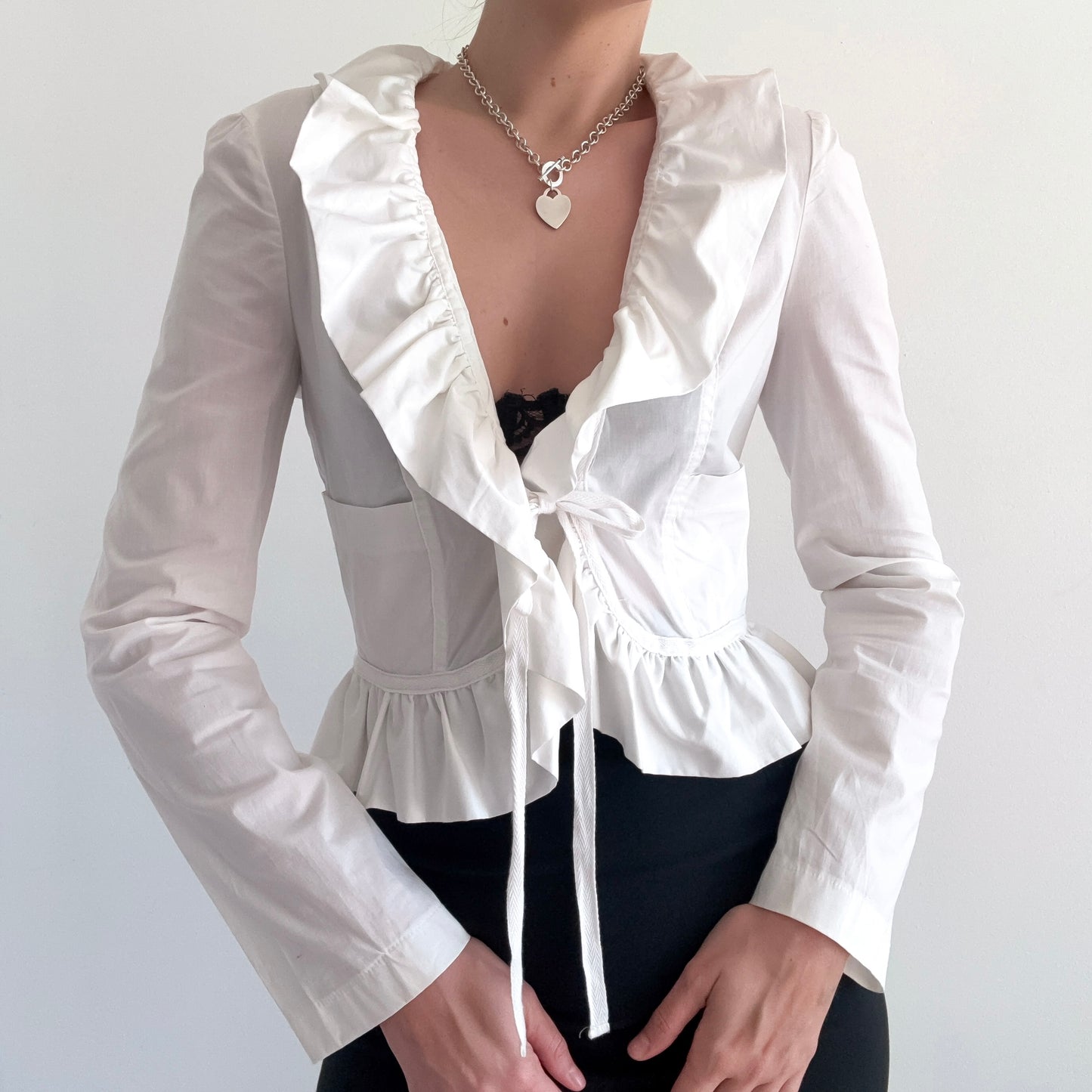 Y2K White Cotton Ruffle Tie Blouse / SZ S/M