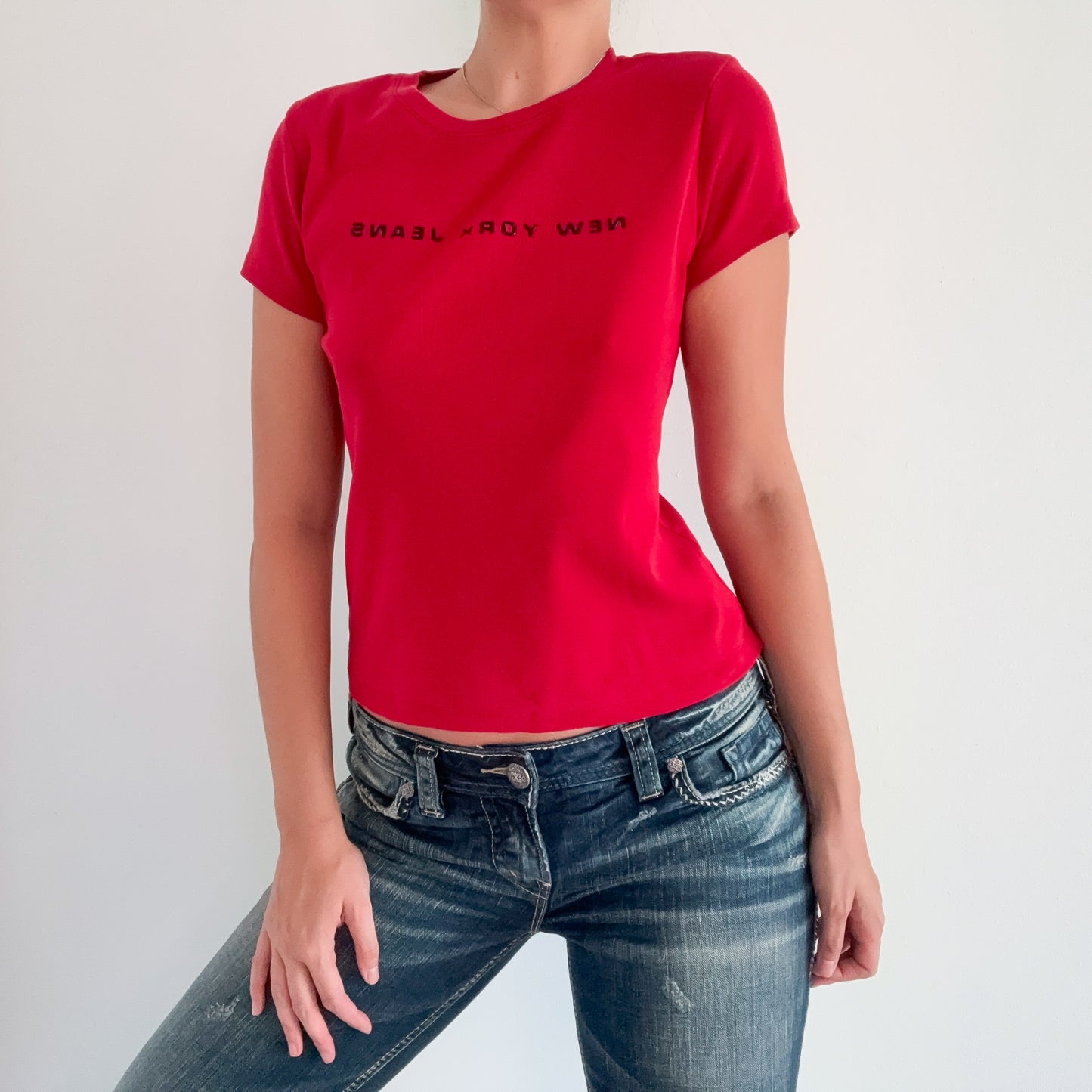 Y2K Red "New York Jeans" Cotton Tee / SZ S-M