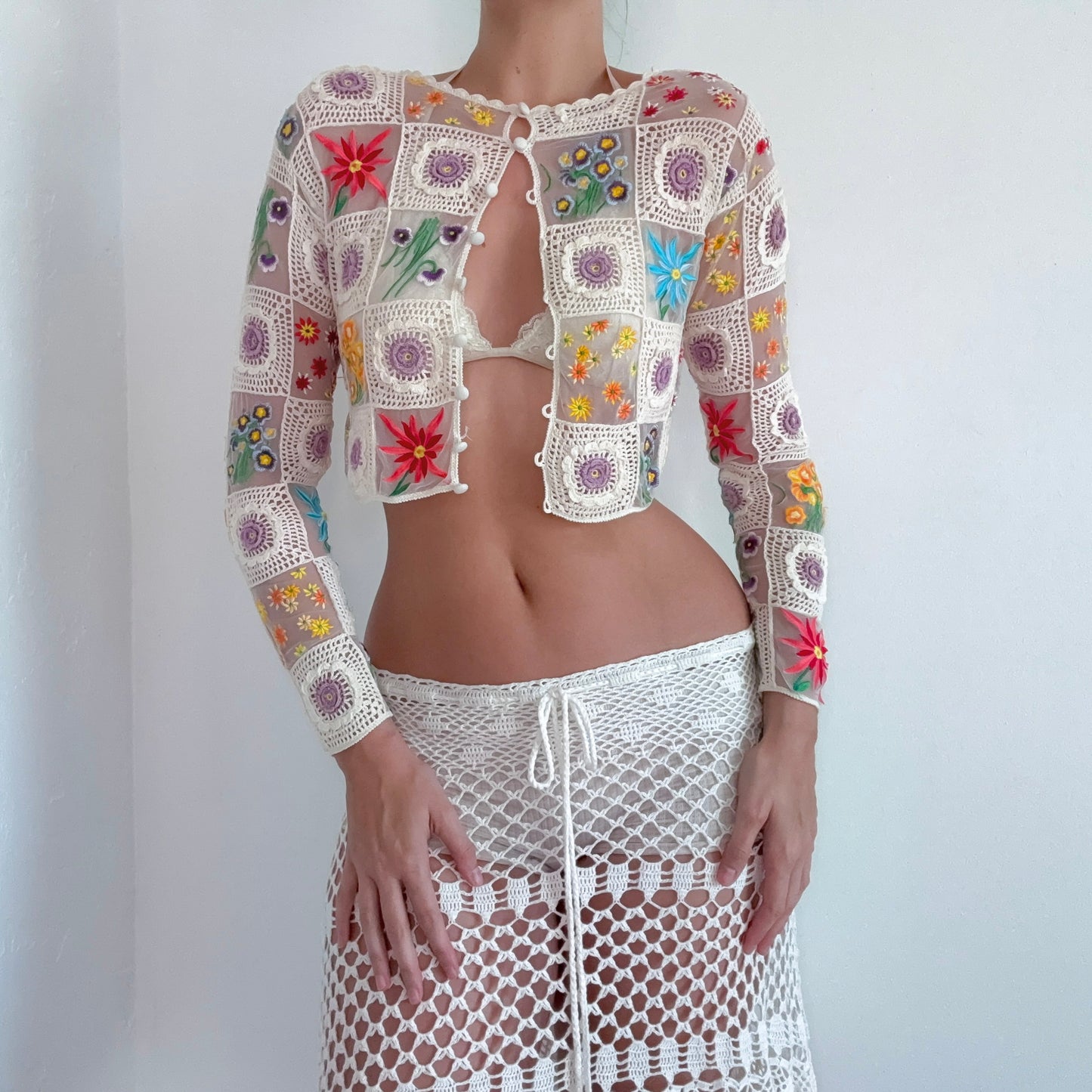90's Moschino Cream Multi Crochet Embroidered Cardigan / SZ S