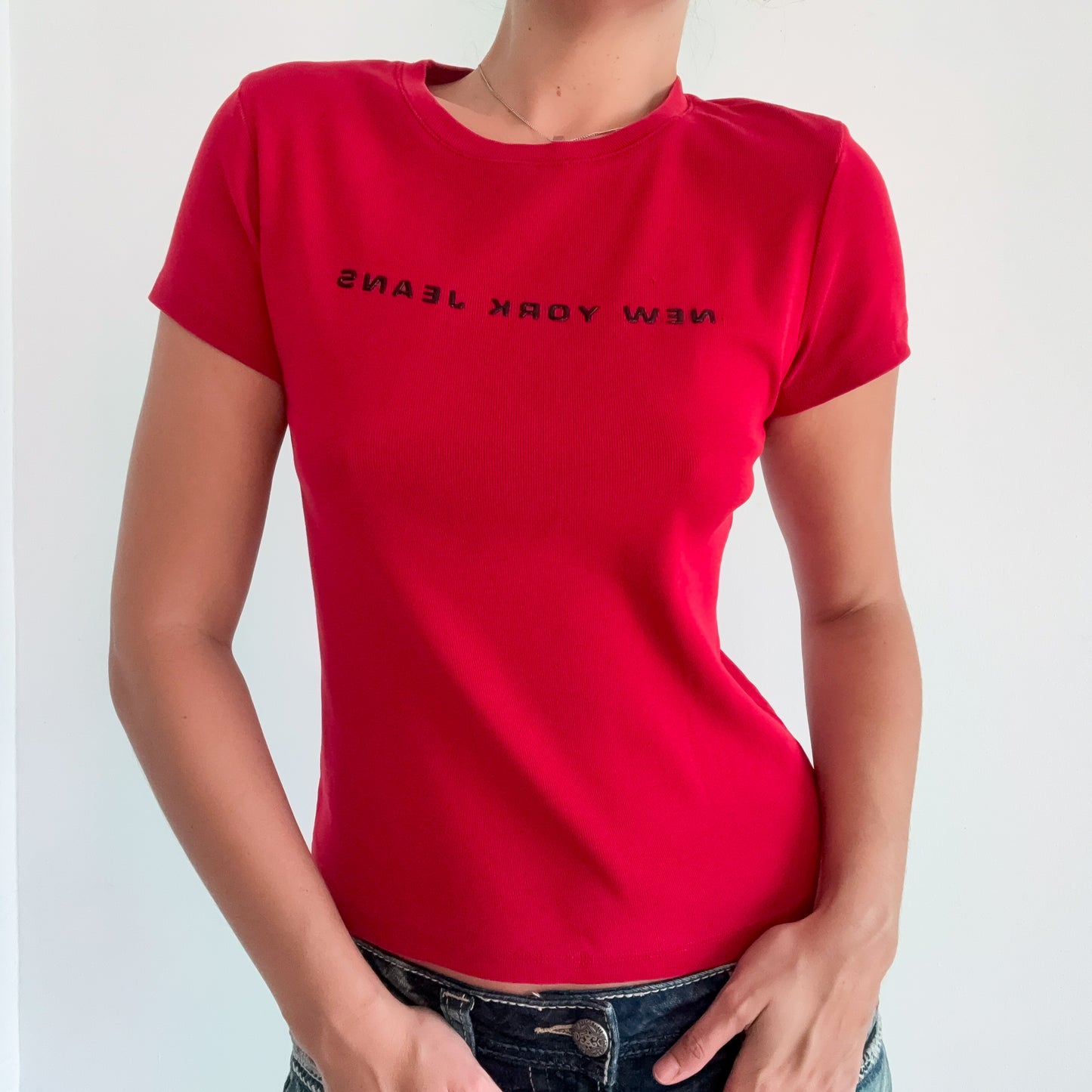Y2K Red "New York Jeans" Cotton Tee / SZ S-M
