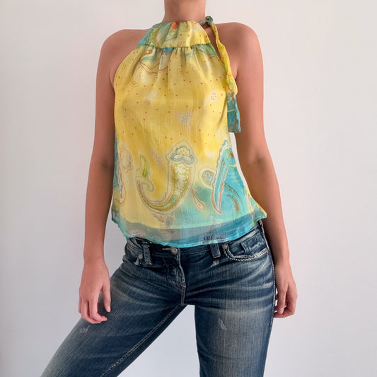 Y2K Yellow & Aqua Paisley Top / SZ M