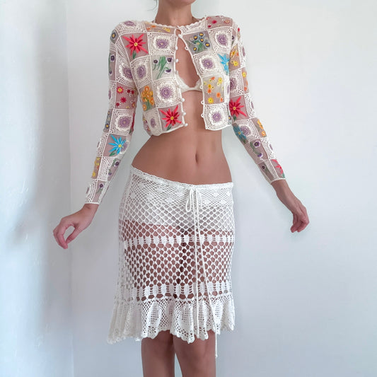 90's Moschino Cream Multi Crochet Embroidered Cardigan / SZ S