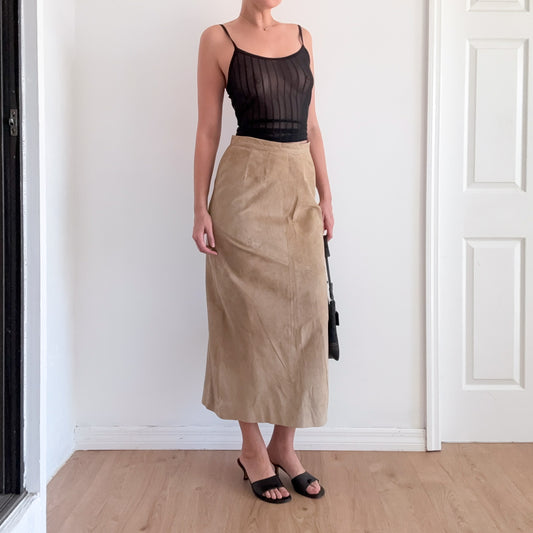 90's Tan Suede Maxi Skirt / SZ 8