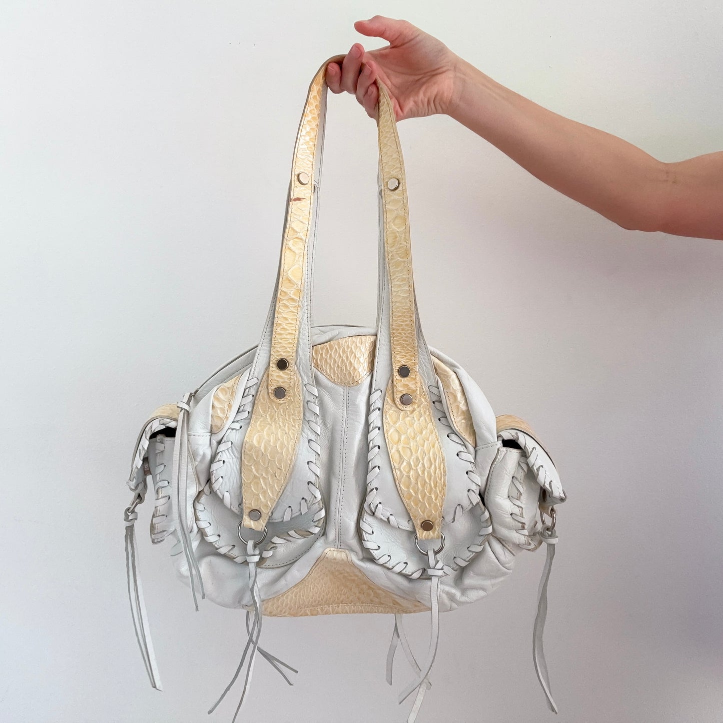 Y2K White Leather Croc Lace Up Handbag