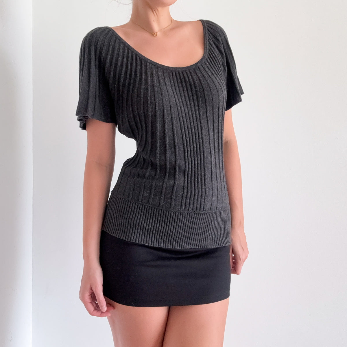 Y2K Grey Knit Butterfly Sleeve Top / SZ S