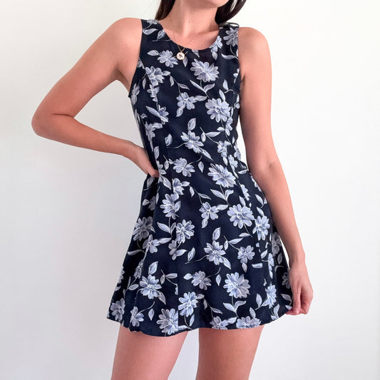 90's Navy Floral Rayon Mini Dress / SZ S