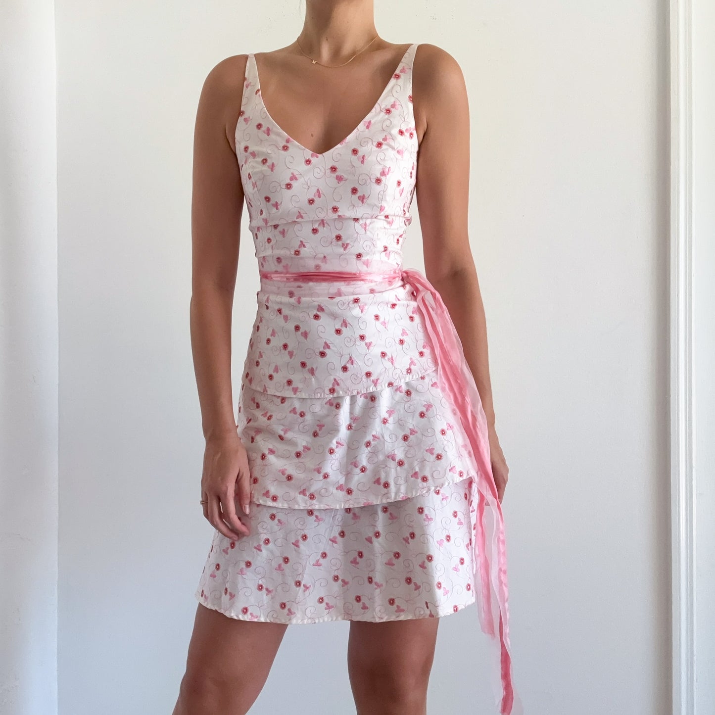 Y2K White & Pink Embroidered Dress / SZ S