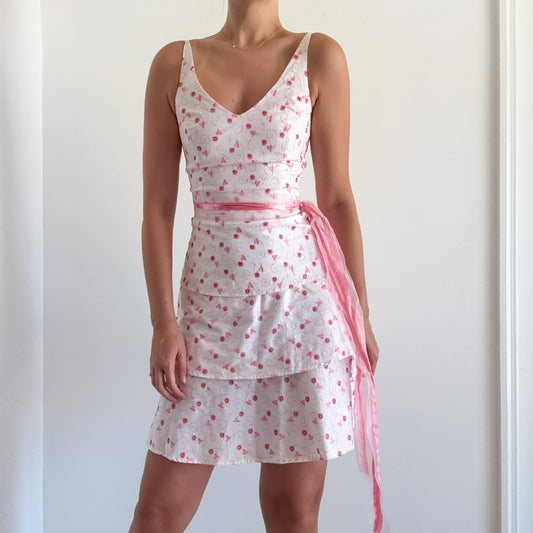 Y2K White & Pink Embroidered Dress / SZ S