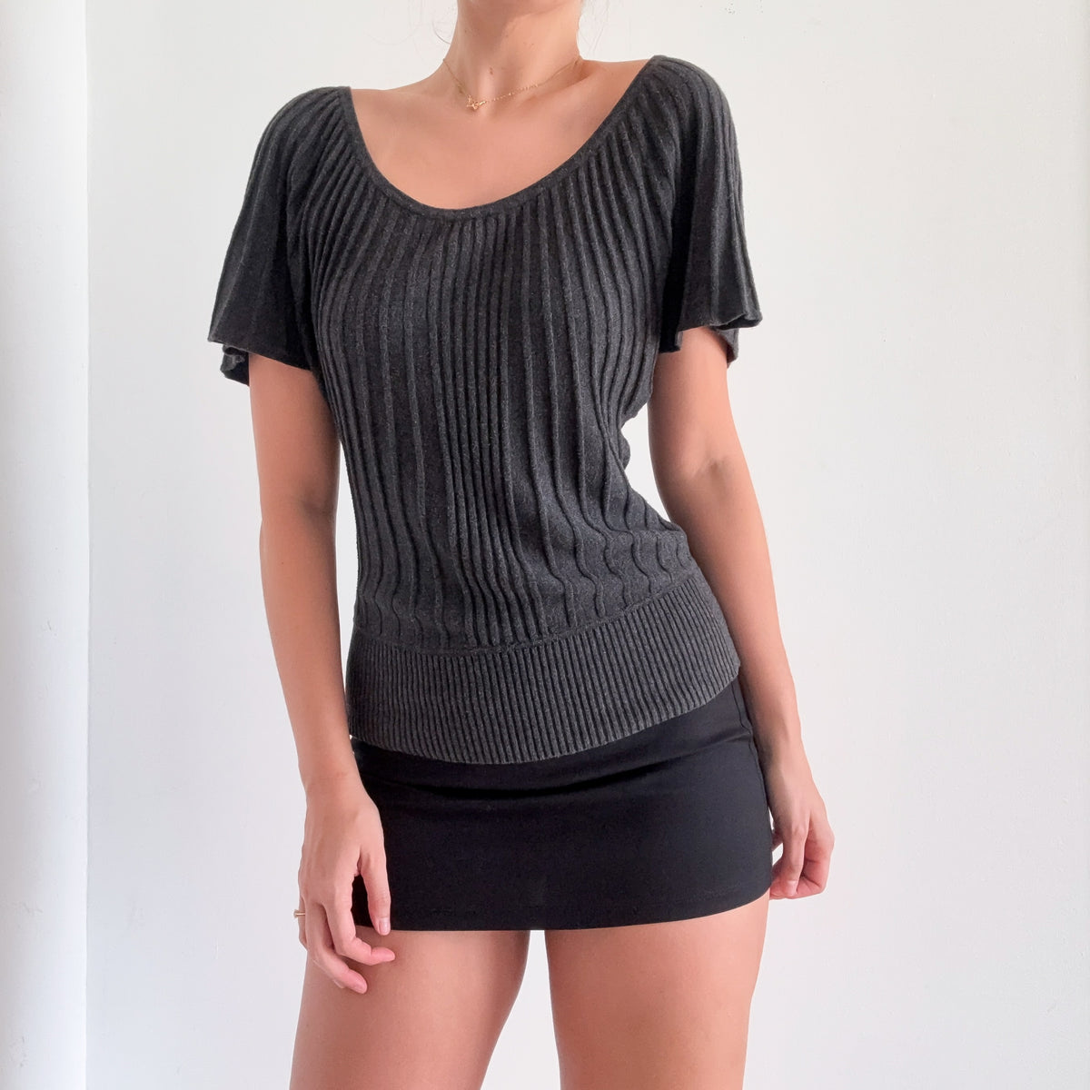 Y2K Grey Knit Butterfly Sleeve Top / SZ S