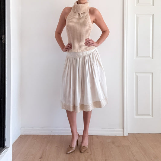 Y2K Vertigo Cream Silk Pleated Midi Skirt / SZ 4-8