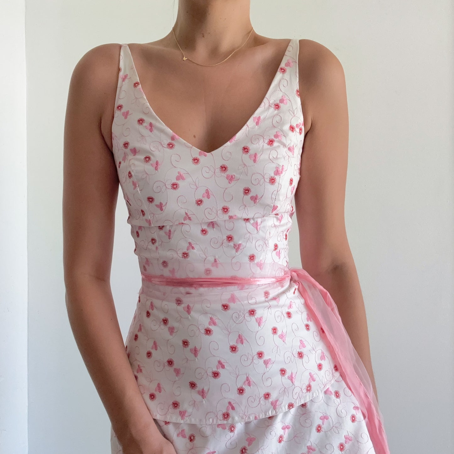 Y2K White & Pink Embroidered Dress / SZ S