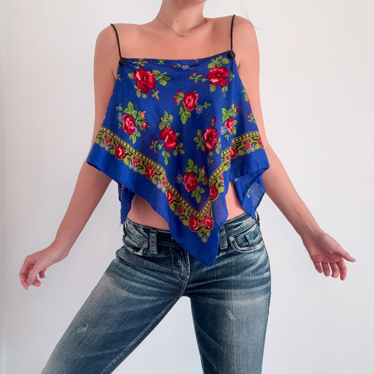 Y2K Royal Blue Floral Scarf Top / SZ S