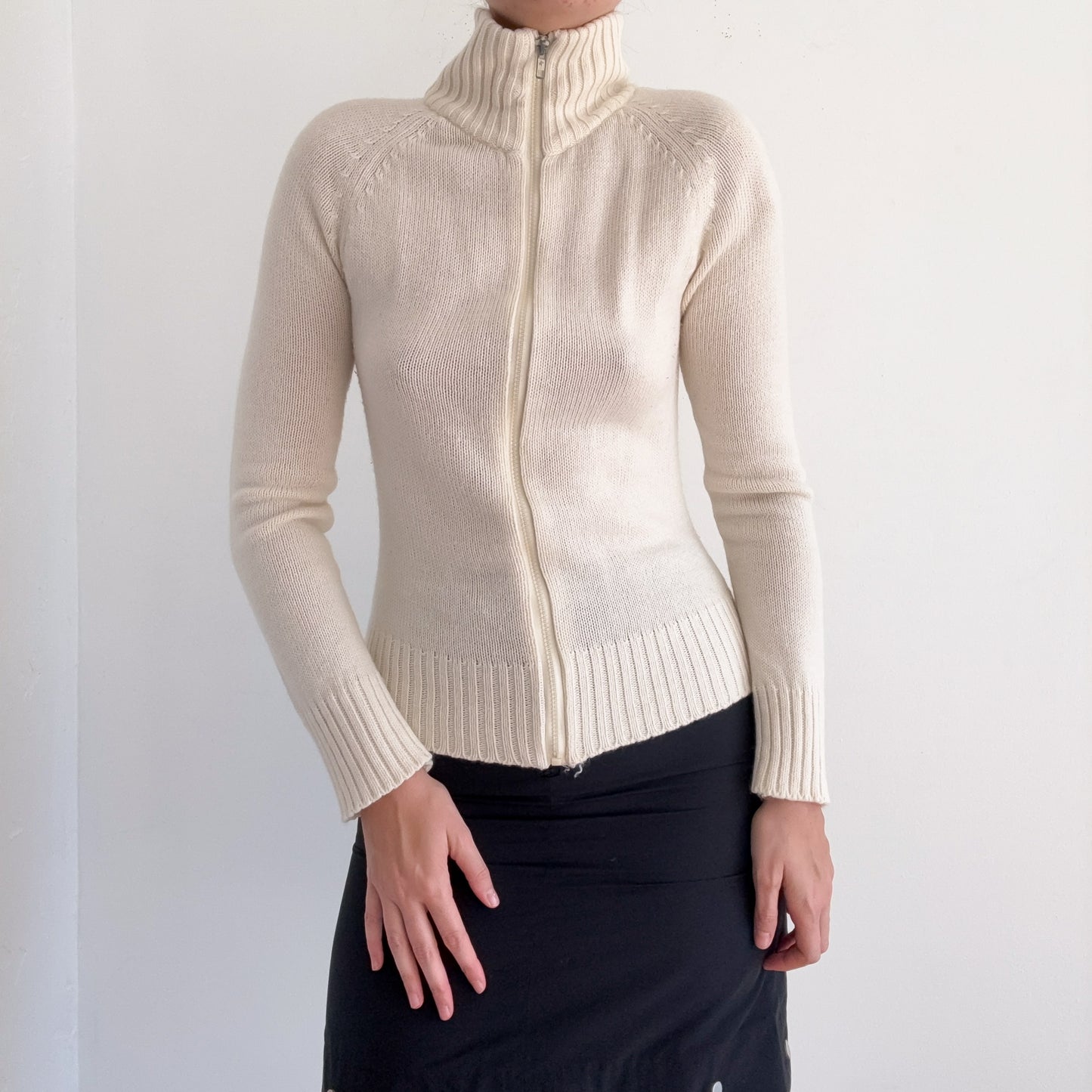 Y2K Ivory Knit Mock Neck Zip Jacket / SZ M
