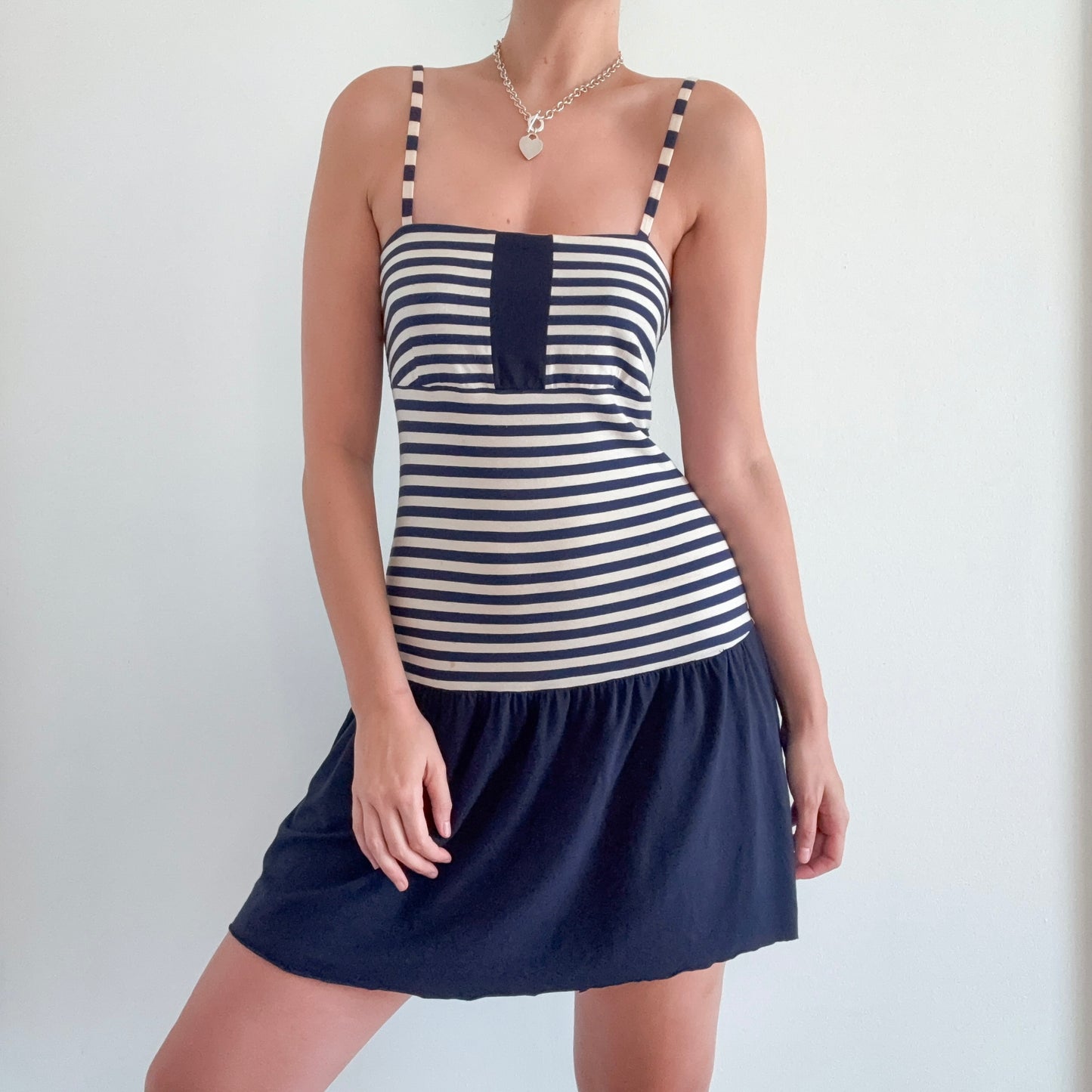Y2K Navy & Cream Striped Drop Waist Dress / SZ M