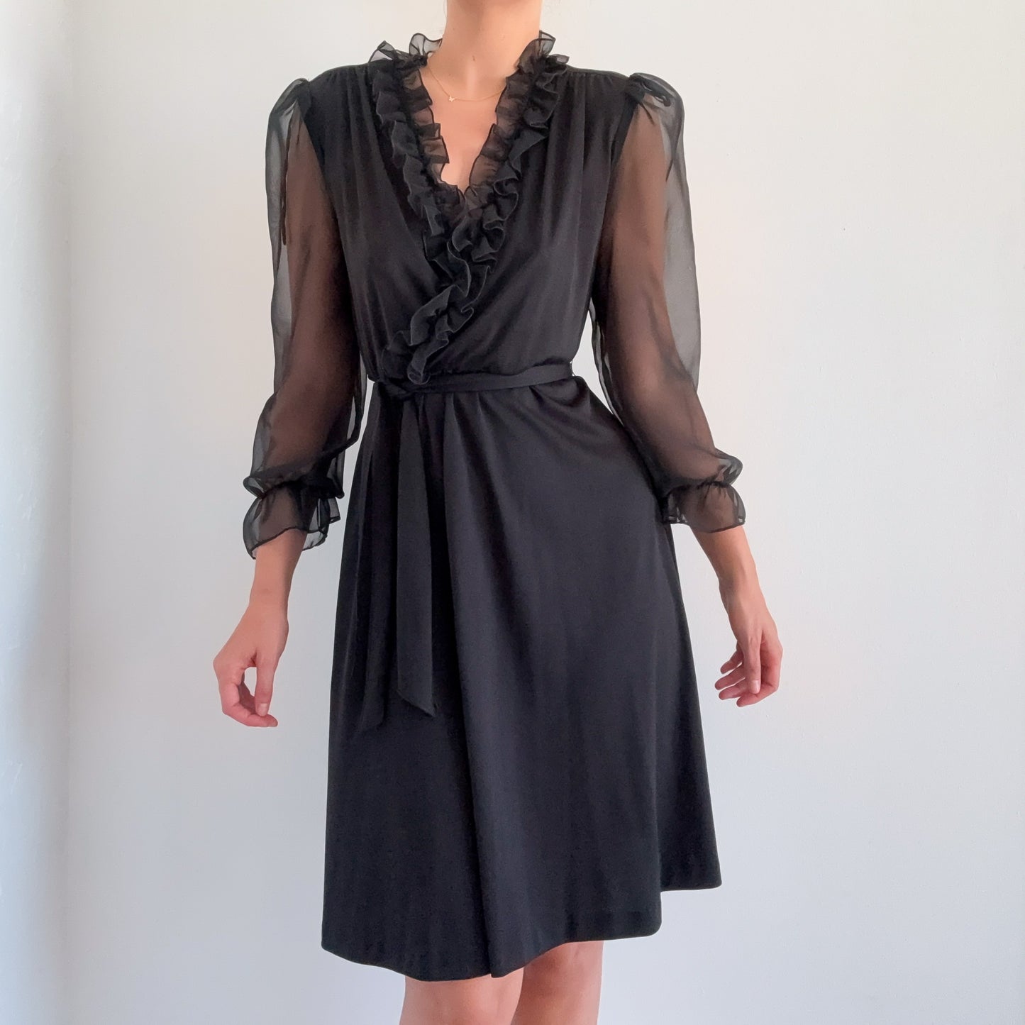 70's Black Balloon Sleeve Dress / SZ M
