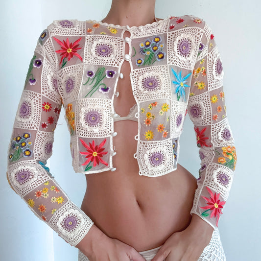 90's Moschino Cream Multi Crochet Embroidered Cardigan / SZ S