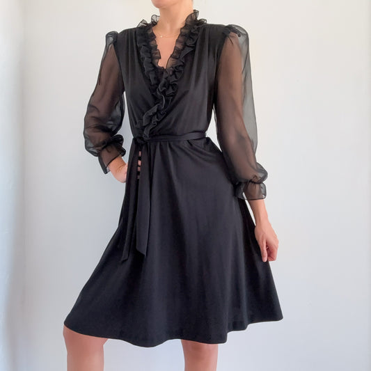 70's Black Balloon Sleeve Dress / SZ M