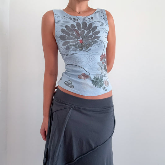 Y2K Powder Blue Printed Sparkle Knit Top / SZ M/L