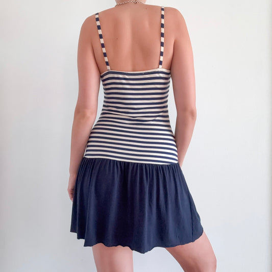 Y2K Navy & Cream Striped Drop Waist Dress / SZ M