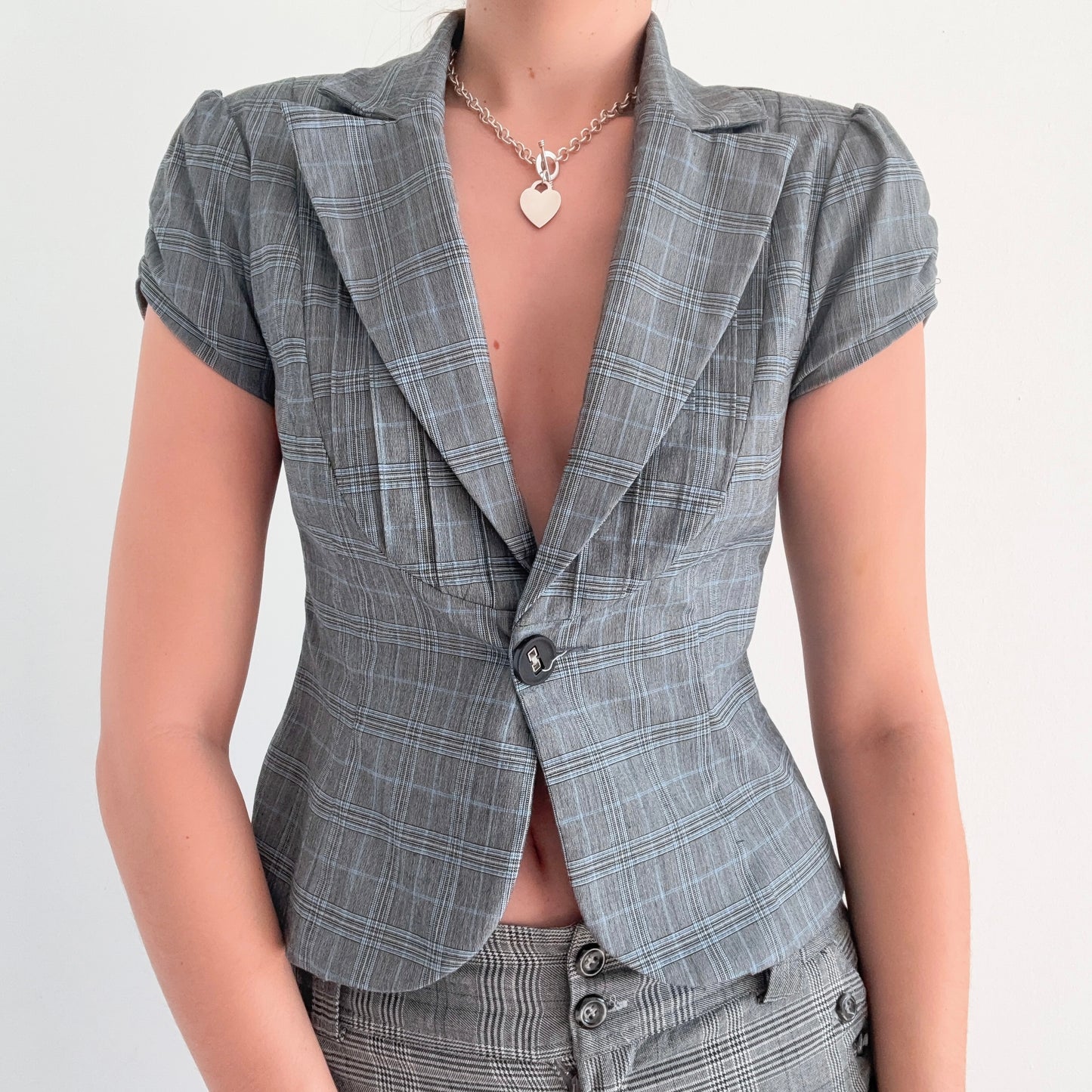 Y2K Grey & Blue Plaid Blazer Top / SZ M