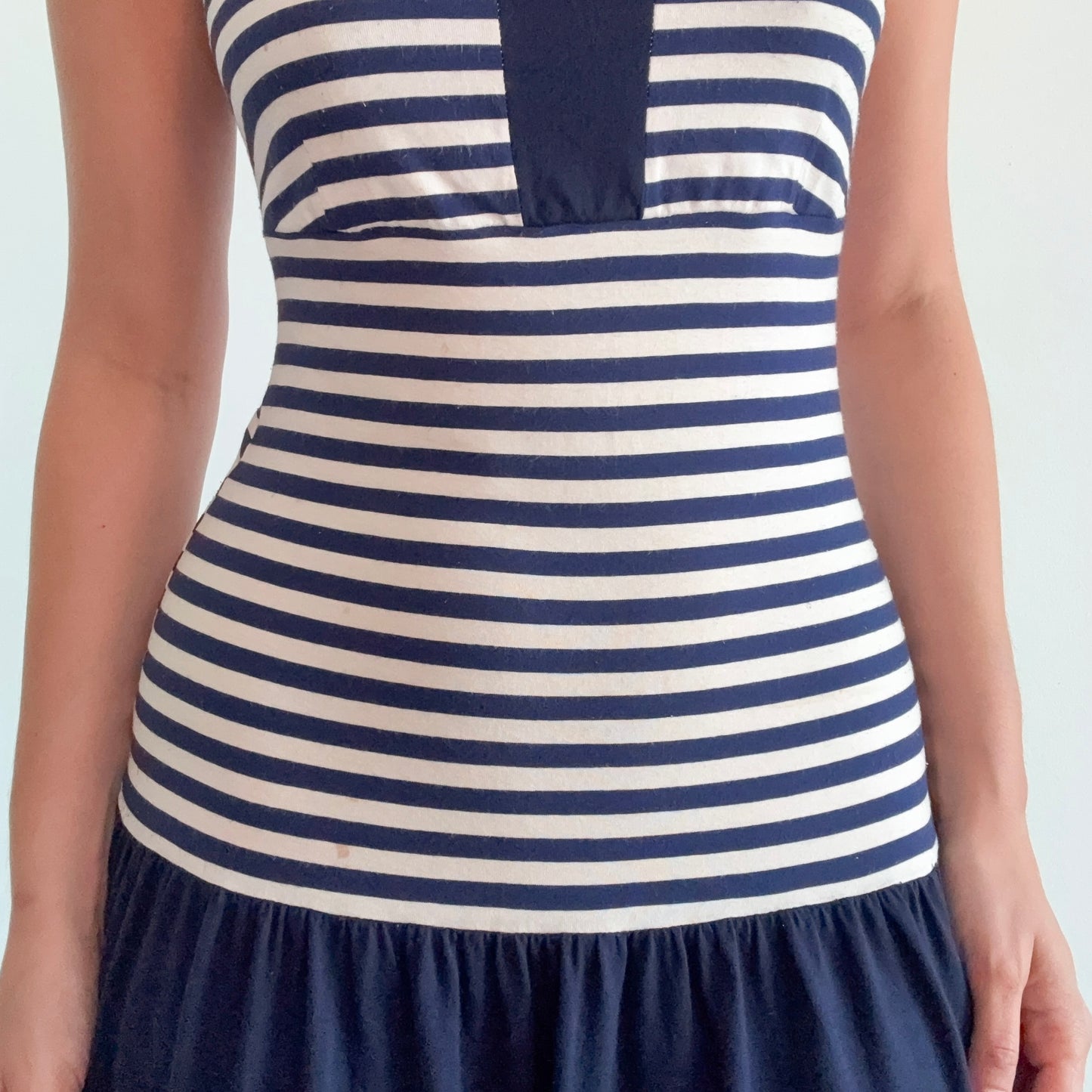 Y2K Navy & Cream Striped Drop Waist Dress / SZ M