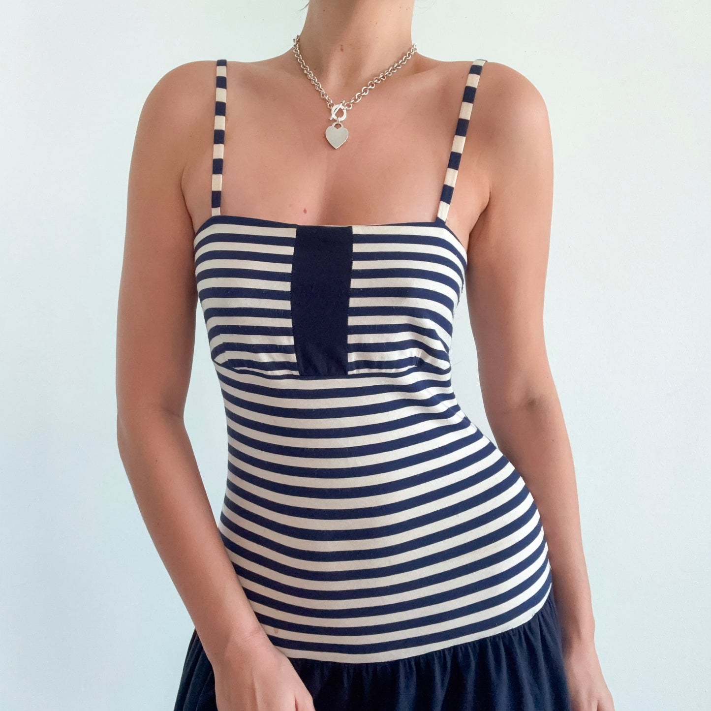 Y2K Navy & Cream Striped Drop Waist Dress / SZ M