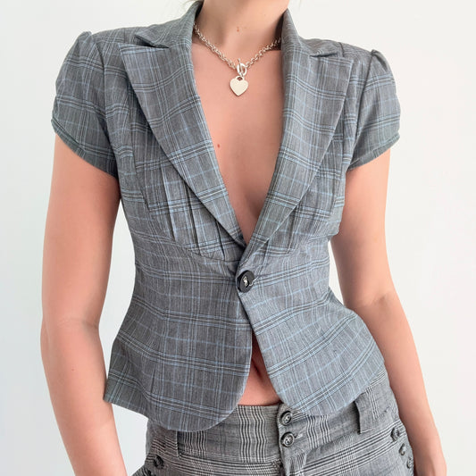 Y2K Grey & Blue Plaid Blazer Top / SZ M