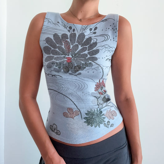 Y2K Powder Blue Printed Sparkle Knit Top / SZ M/L