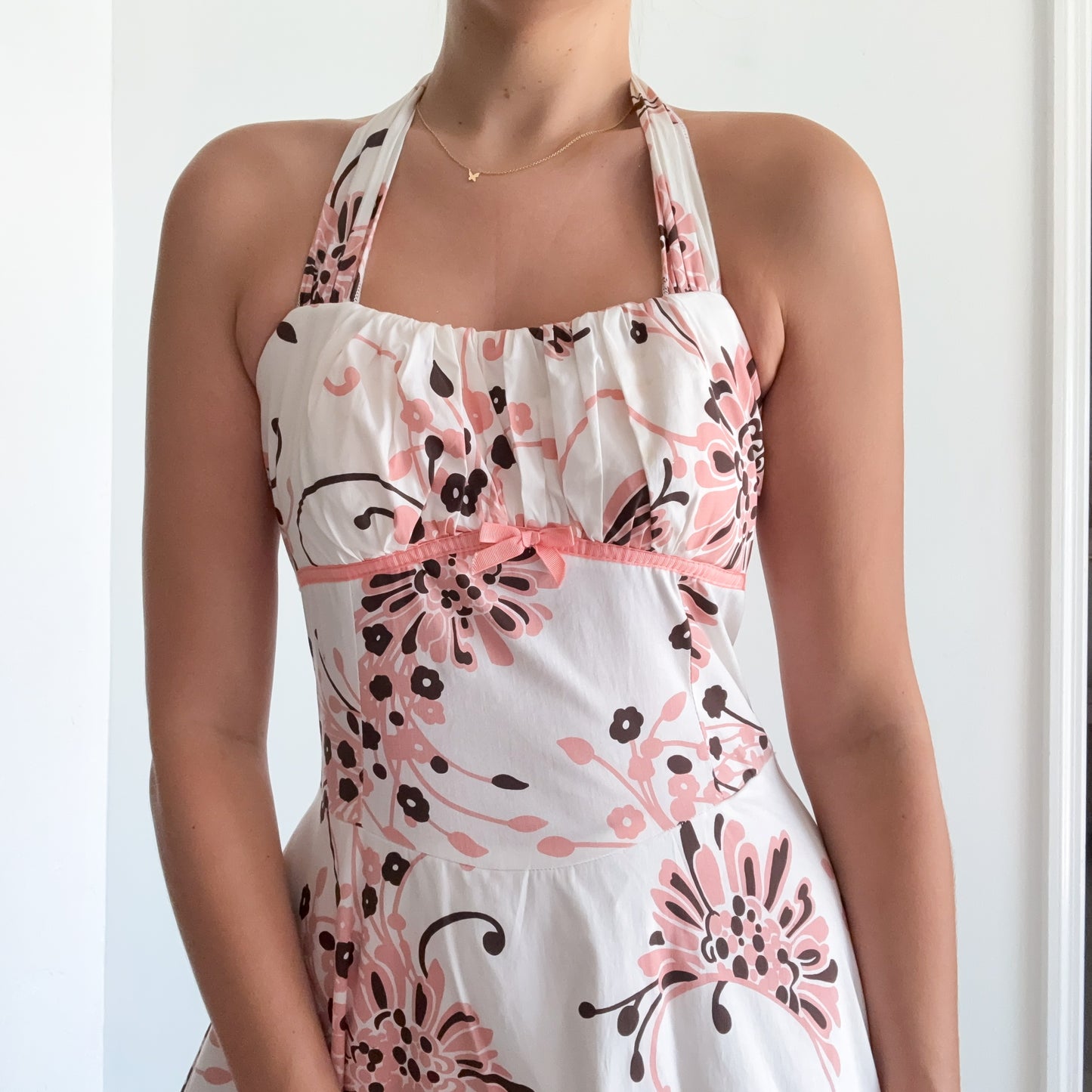 Y2K White & Pink Floral Halter Dress / SZ M-L