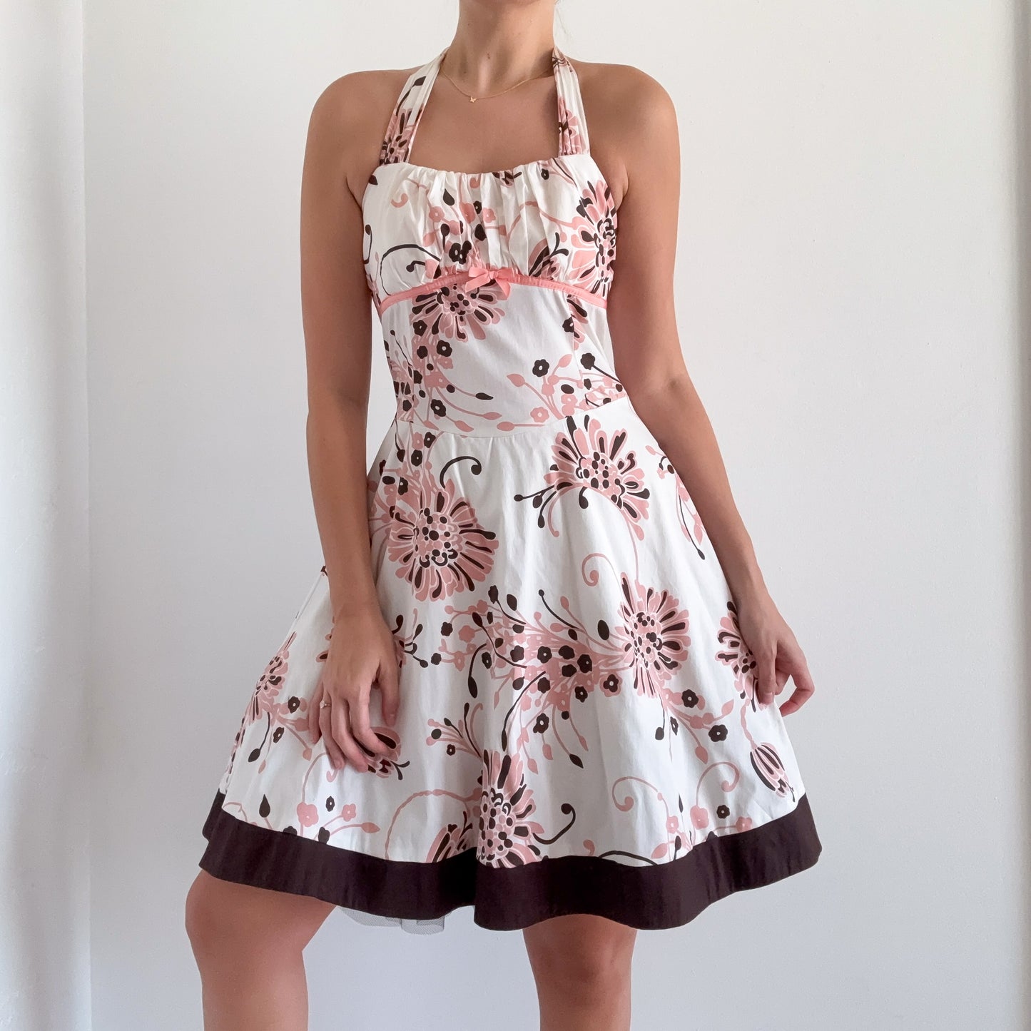Y2K White & Pink Floral Halter Dress / SZ M-L