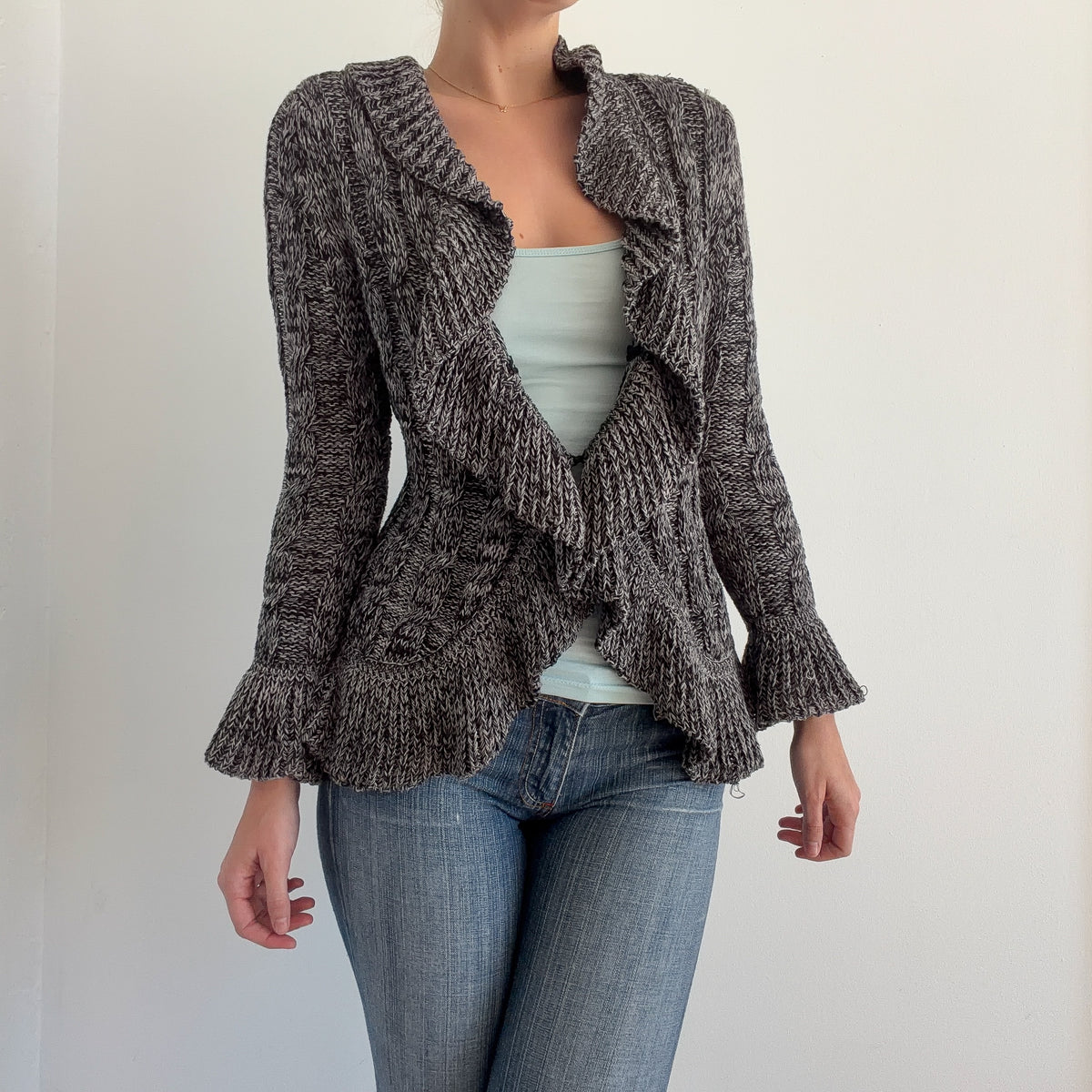 Y2K Black & Grey Sweater Ruffle Cardigan / SZ M