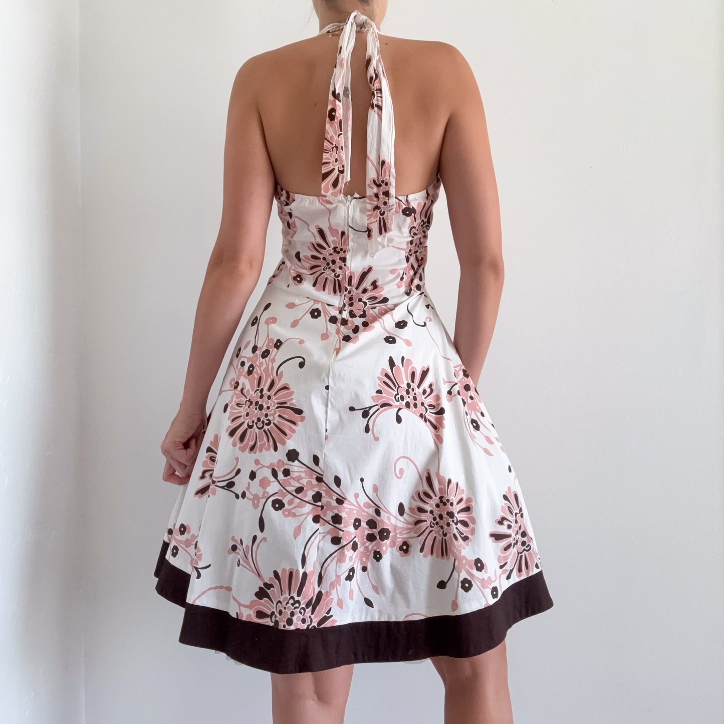 Y2K White & Pink Floral Halter Dress / SZ M-L
