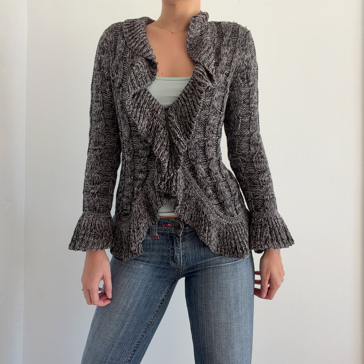 Y2K Black & Grey Sweater Ruffle Cardigan / SZ M