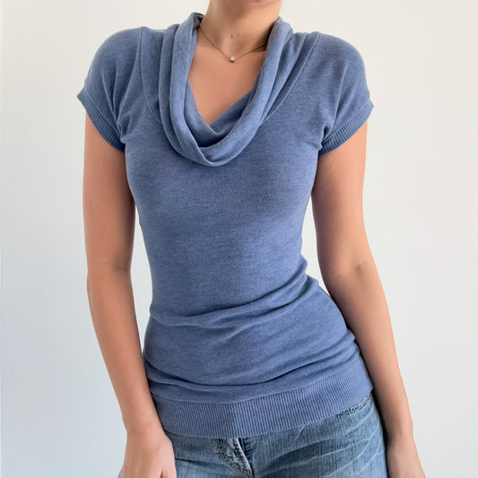 Y2K Blue Knit Cowl Neck Long Top / SZ M