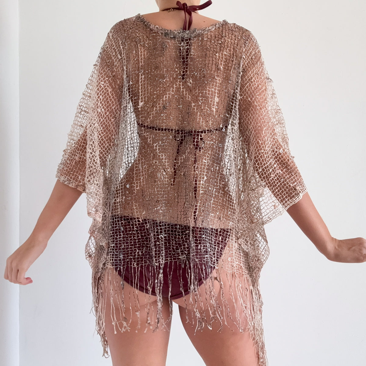 Y2K Ivory Multicolor Fringe Poncho / One Size