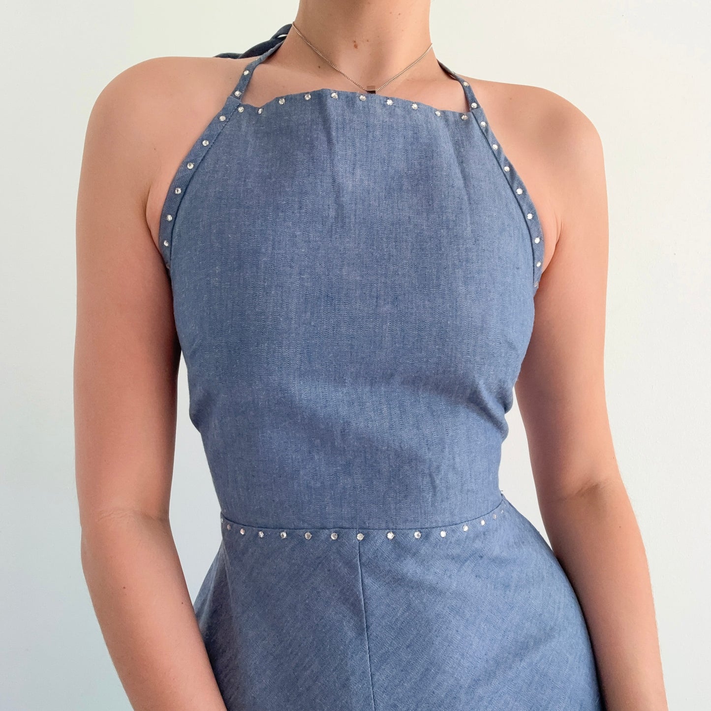 70's Blue Chambray Crossback Maxi Dress / SZ S