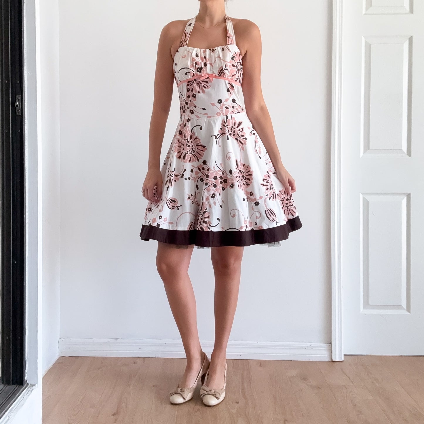 Y2K White & Pink Floral Halter Dress / SZ M-L