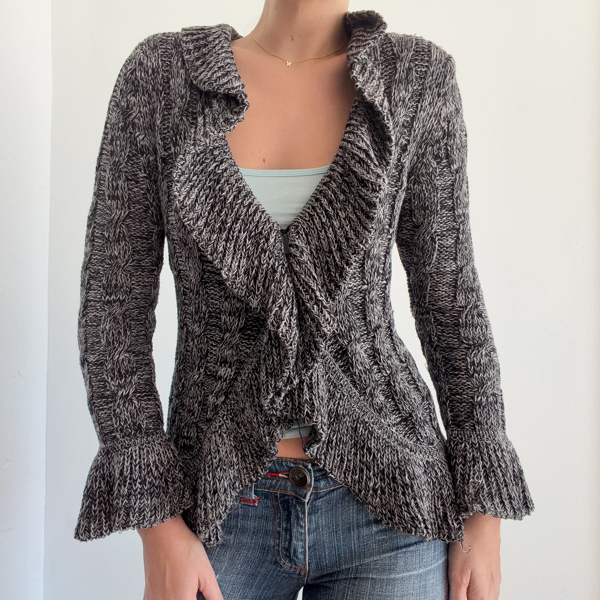 Y2K Black & Grey Sweater Ruffle Cardigan / SZ M