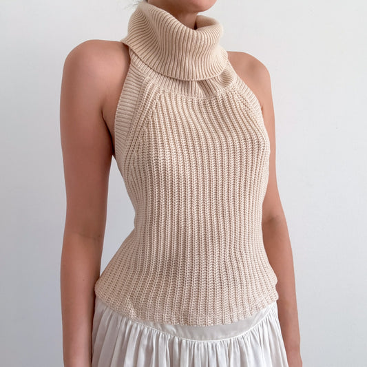 Y2K Cream Sweater Knit Halter Top / SZ M