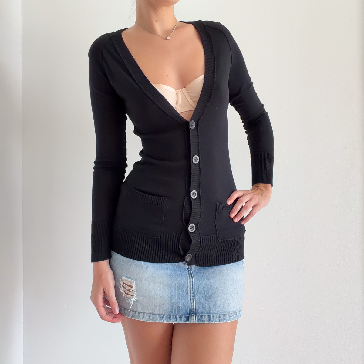 Y2K Black Cotton Knit Long Cardigan / SZ XS/S
